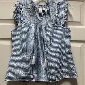Joie seersucker sleeveless babydoll striped blue white ruffle smocked top tunic